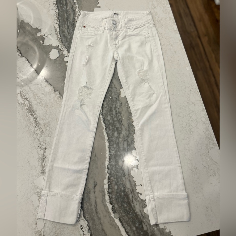 Hudson Ginny Crop Straight Cuffed White Flap Pocket Distressed Jeans
